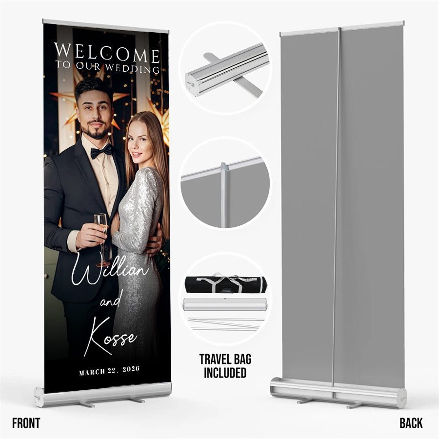 Customized wedding retractable banners - personalized photo wedding welcome signs, reception decorations and background curtains
